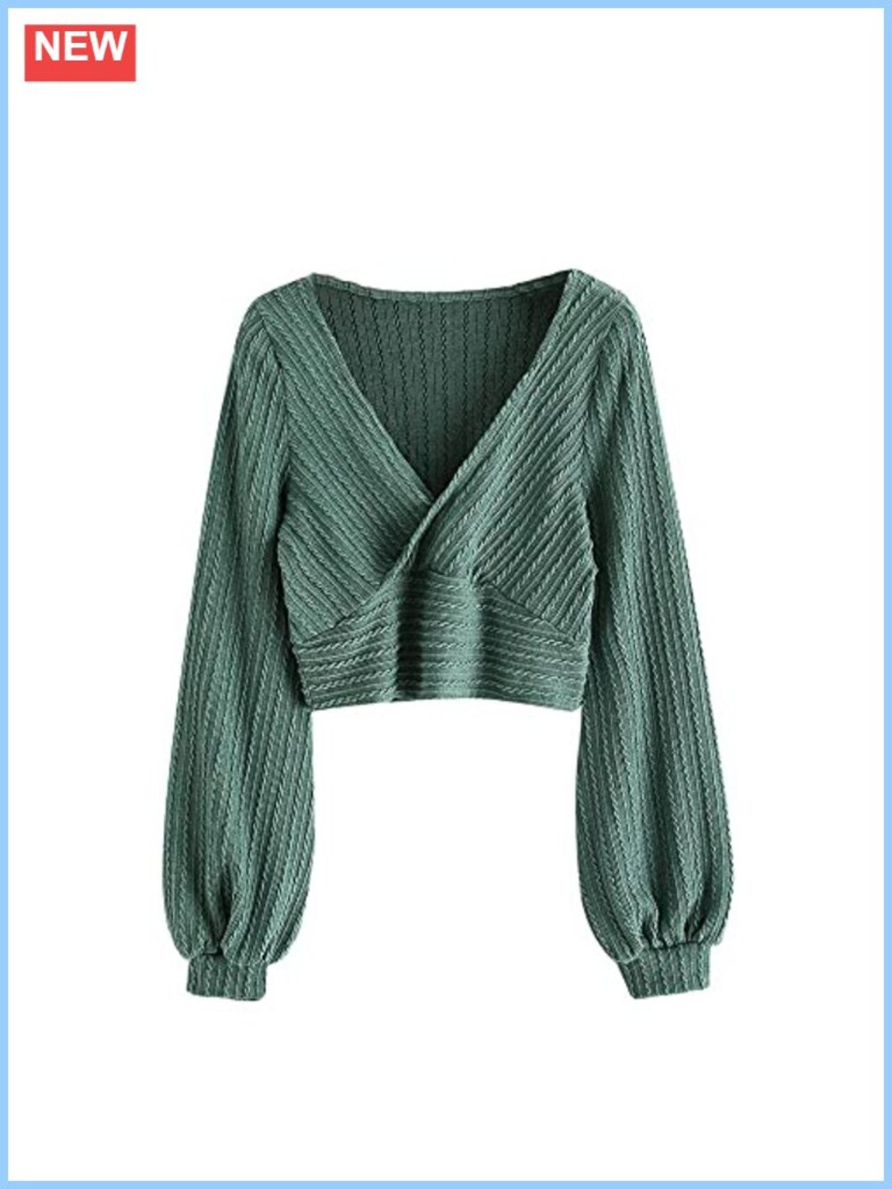 Ribbed Cable Knit Cropped V-Neck Pullover with Lantern Sleeves